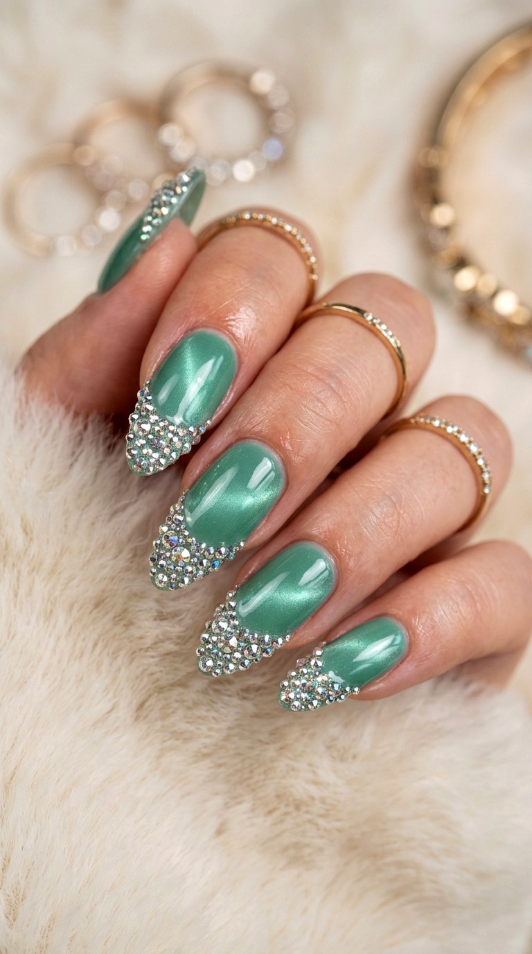 Mint Green Cat Eye with Crystal Tips - 23 Summer Mint Green Cat Eye Nails with Sparkle Ideas