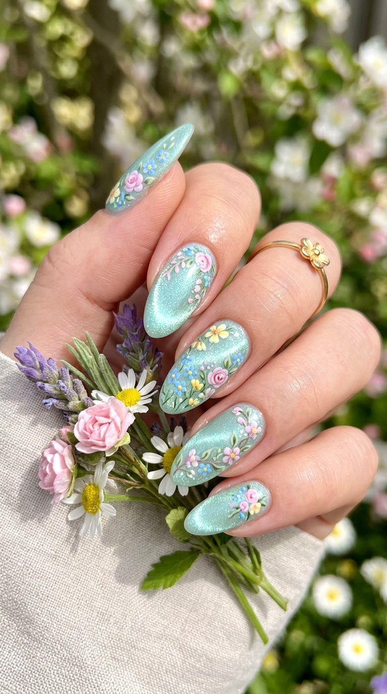 Mint Green Cat Eye with Floral Accents - 20 Spring Mint Green Cat Eye Nails with SparkleIdeas