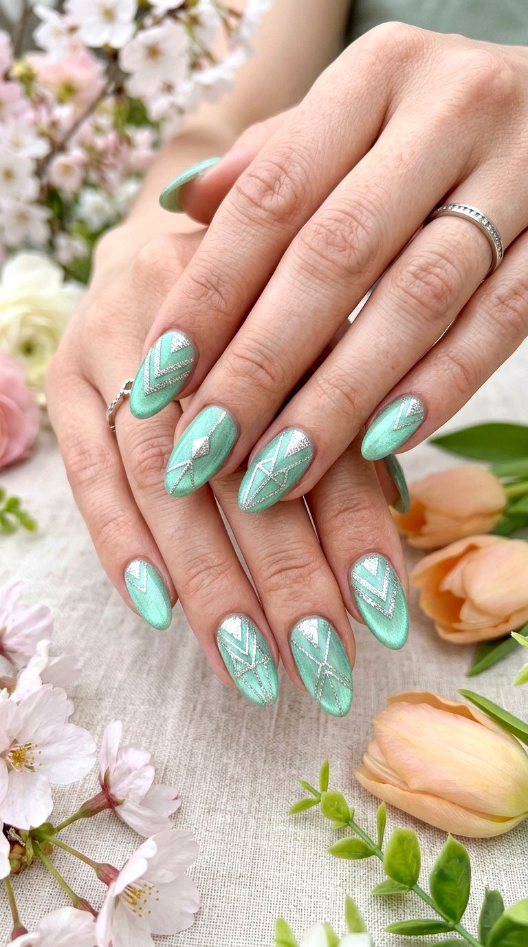 Mint Green Cat Eye with Geometric Accents - 20 Spring Mint Green Cat Eye Nails with SparkleIdeas