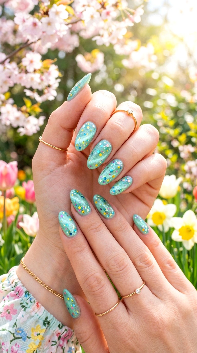 Mint Green Cat Eye with Glitter Confetti - 20 Spring Mint Green Cat Eye Nails with SparkleIdeas
