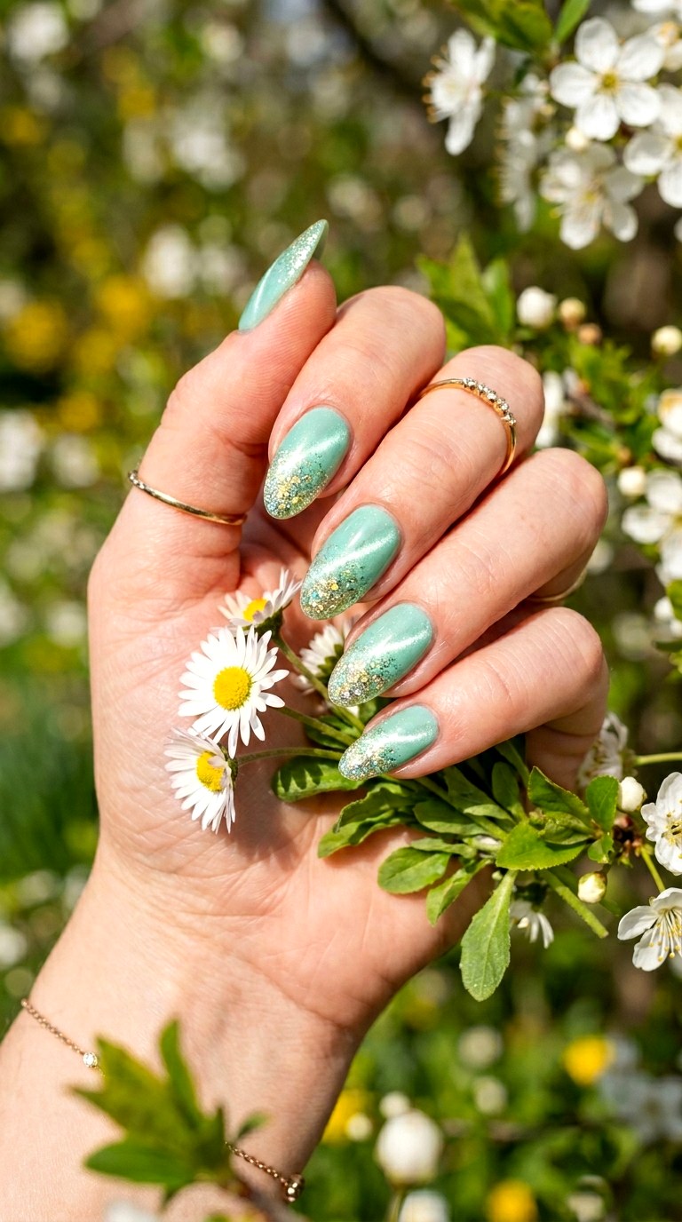 Mint Green Cat Eye with Glitter Gradient - 20 Spring Mint Green Cat Eye Nails with SparkleIdeas