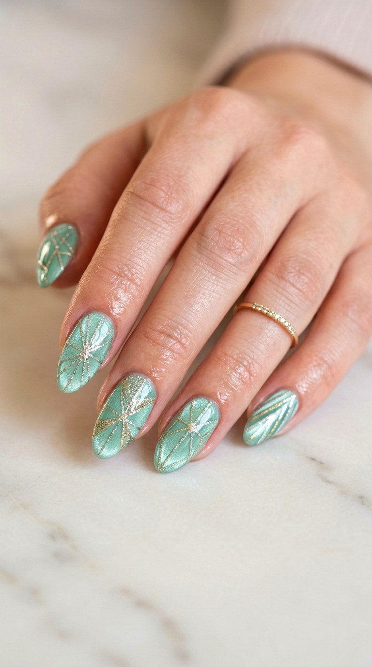 Mint Green Cat Eye with Glitter Stripes - 23 Summer Mint Green Cat Eye Nails with Sparkle Ideas