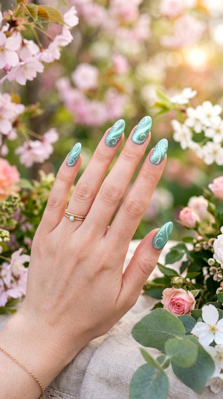 Mint Green Cat Eye with Glitter Swirls - 20 Spring Mint Green Cat Eye Nails with SparkleIdeas