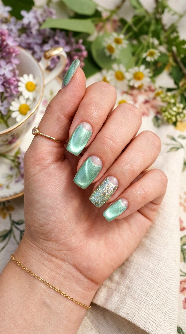 Mint Green Cat Eye with Glittery Half Moon - 20 Spring Mint Green Cat Eye Nails with SparkleIdeas