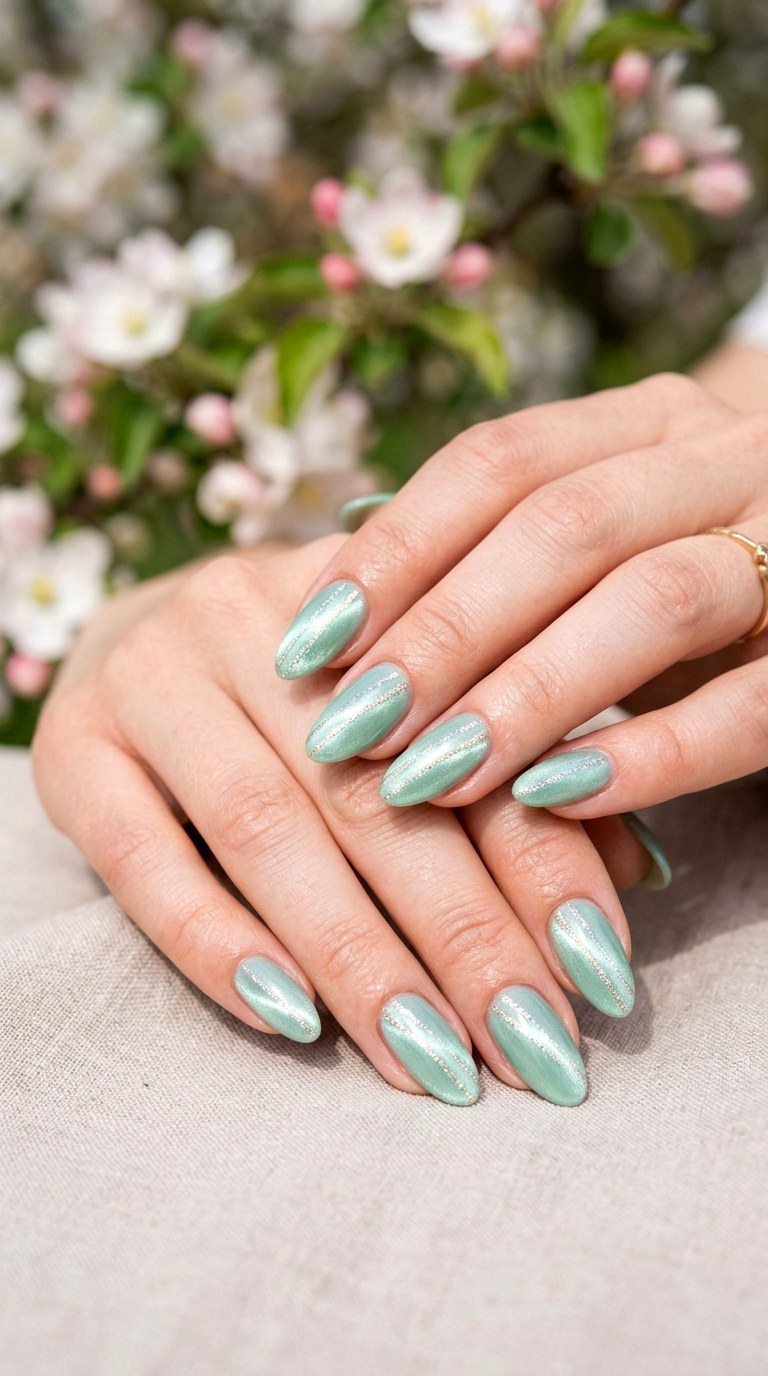 Mint Green Cat Eye with Glittery Stripes - 20 Spring Mint Green Cat Eye Nails with SparkleIdeas