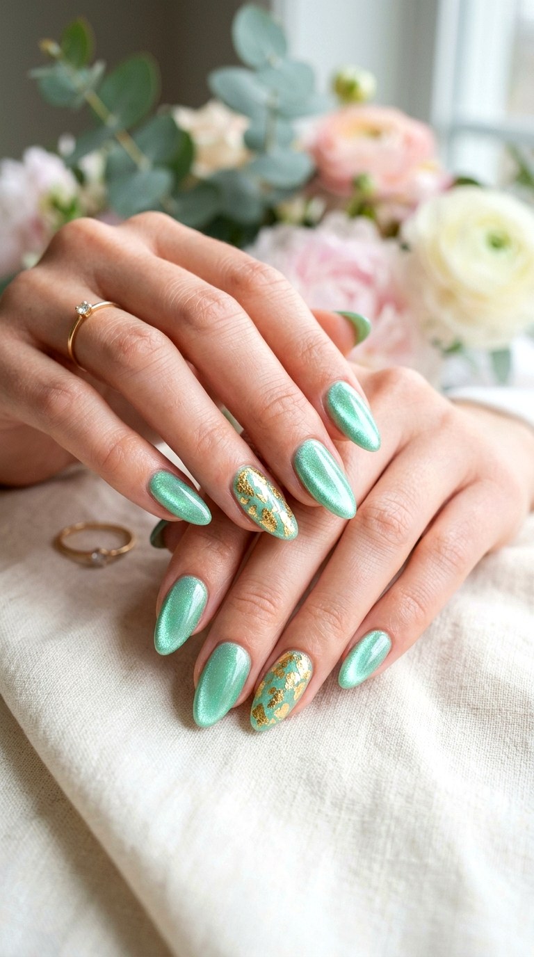 Mint Green Cat Eye with Gold Foil Accents - 20 Spring Mint Green Cat Eye Nails with SparkleIdeas