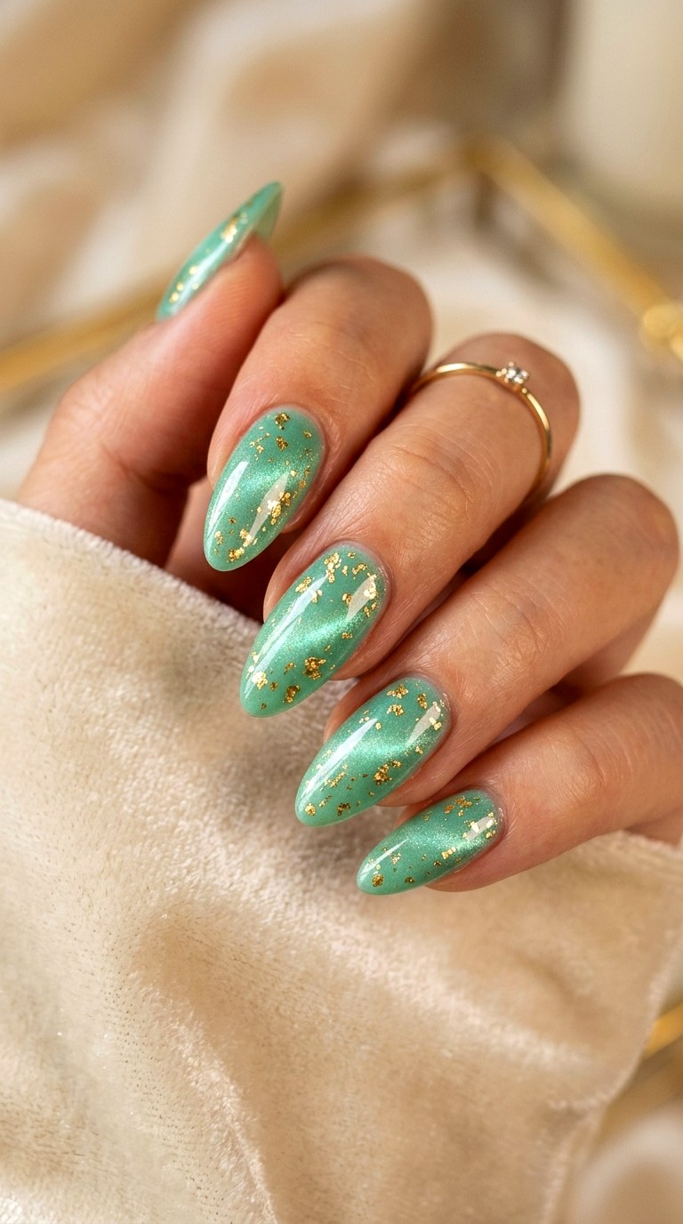 Mint Green Cat Eye with Gold Foil - 23 Summer Mint Green Cat Eye Nails with Sparkle Ideas