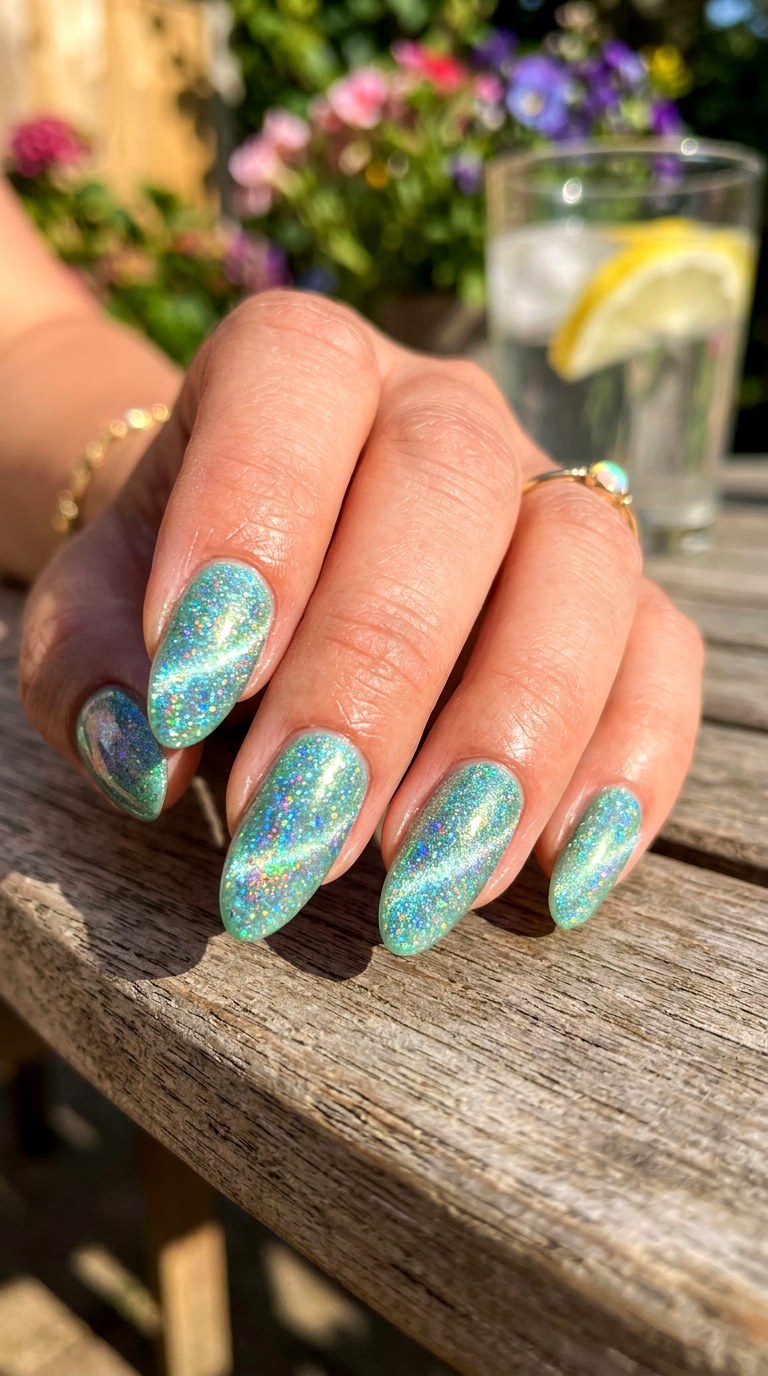 Mint Green Cat Eye with Holographic Sparkle - 23 Summer Mint Green Cat Eye Nails with Sparkle Ideas