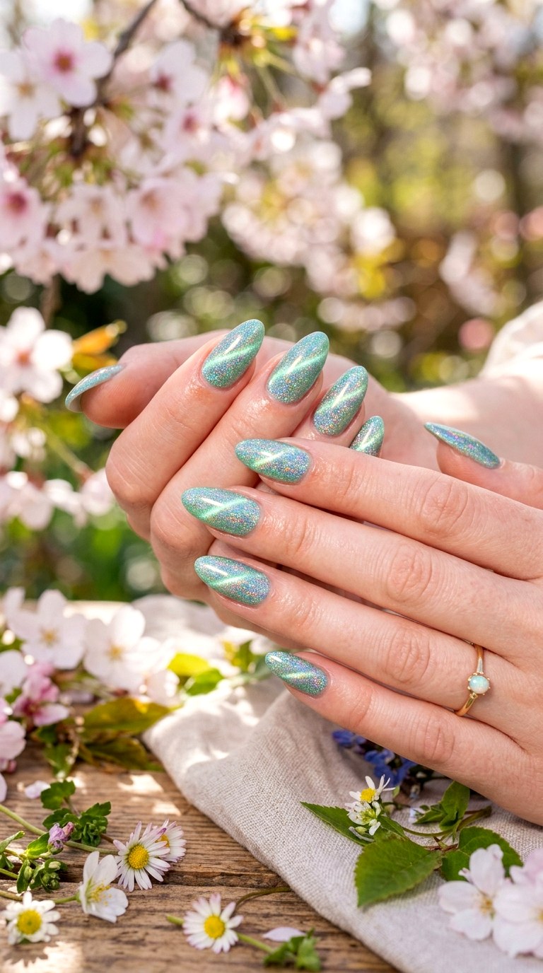 Mint Green Cat Eye with Holographic Sparkle - 20 Spring Mint Green Cat Eye Nails with SparkleIdeas