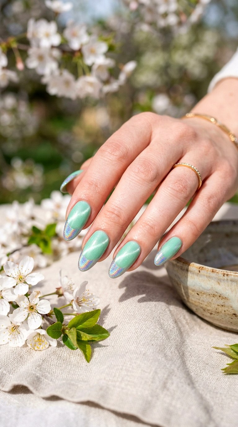 Mint Green Cat Eye with Holographic Tips - 20 Spring Mint Green Cat Eye Nails with SparkleIdeas