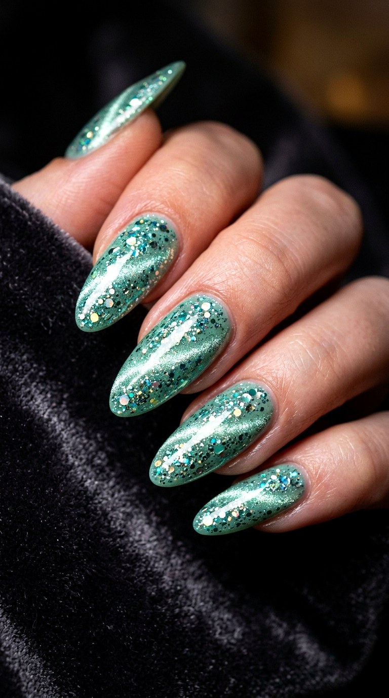 Mint Green Cat Eye with Multi Dimensional Sparkle - 23 Summer Mint Green Cat Eye Nails with Sparkle Ideas