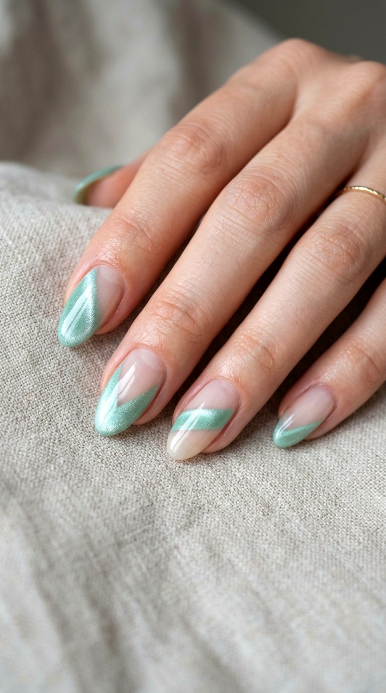 Mint Green Cat Eye with Negative Space - 23 Summer Mint Green Cat Eye Nails with Sparkle Ideas