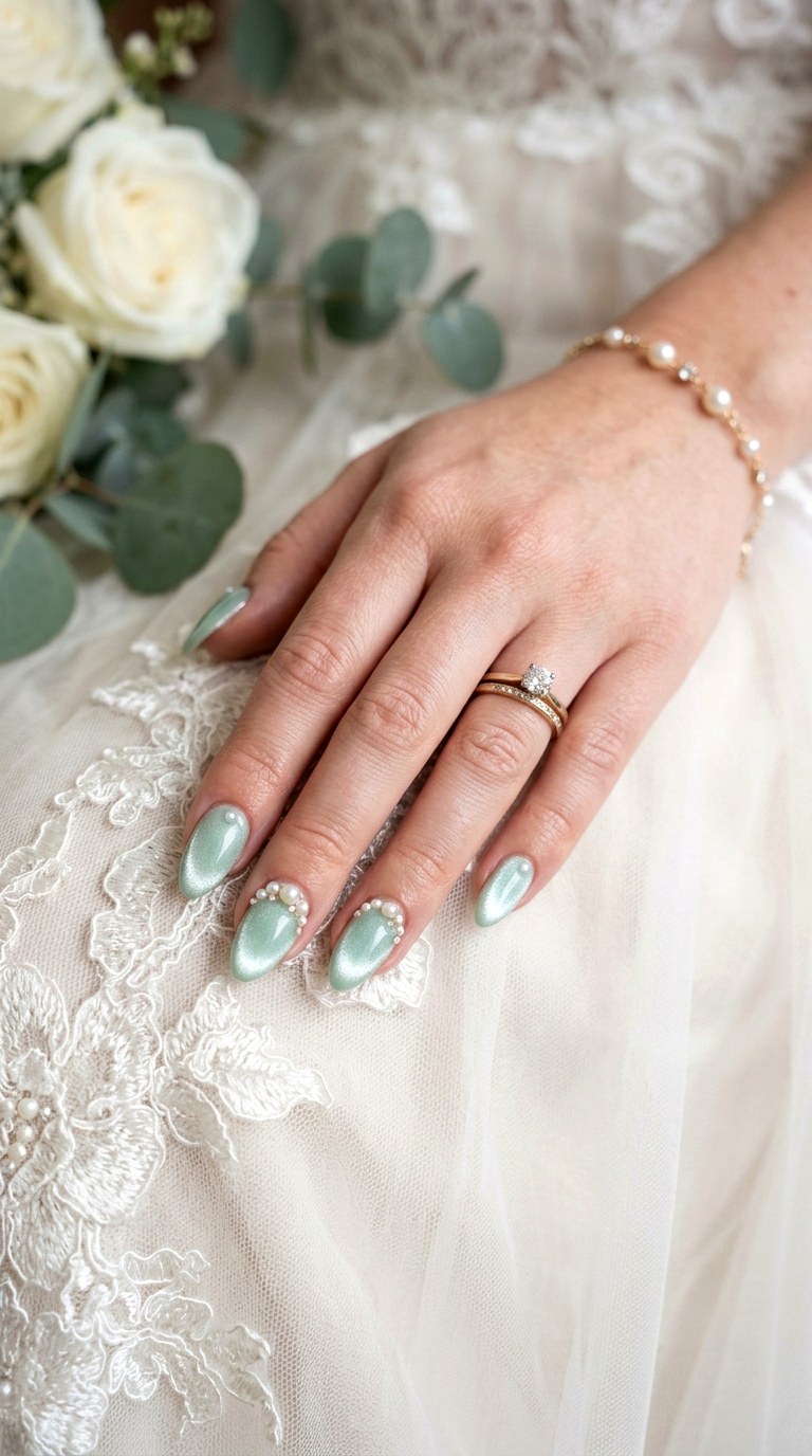 Mint Green Cat Eye with Pearl Accents - 23 Summer Mint Green Cat Eye Nails with Sparkle Ideas