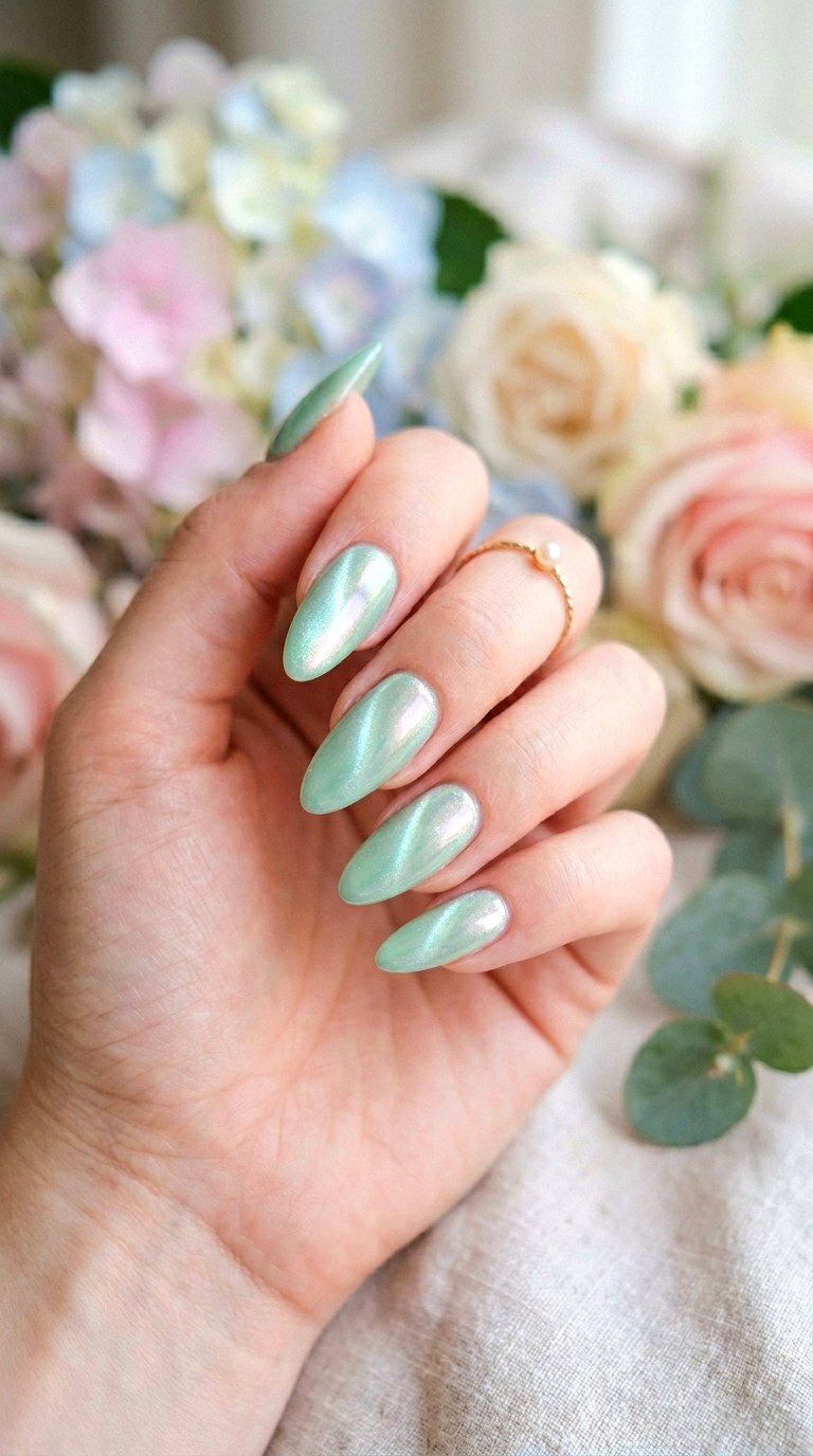 Mint Green Cat Eye with Pearlescent Shine - 20 Spring Mint Green Cat Eye Nails with SparkleIdeas