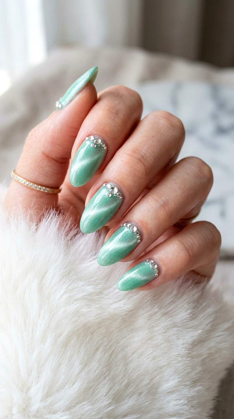 Mint Green Cat Eye with Rhinestones - 23 Summer Mint Green Cat Eye Nails with Sparkle Ideas