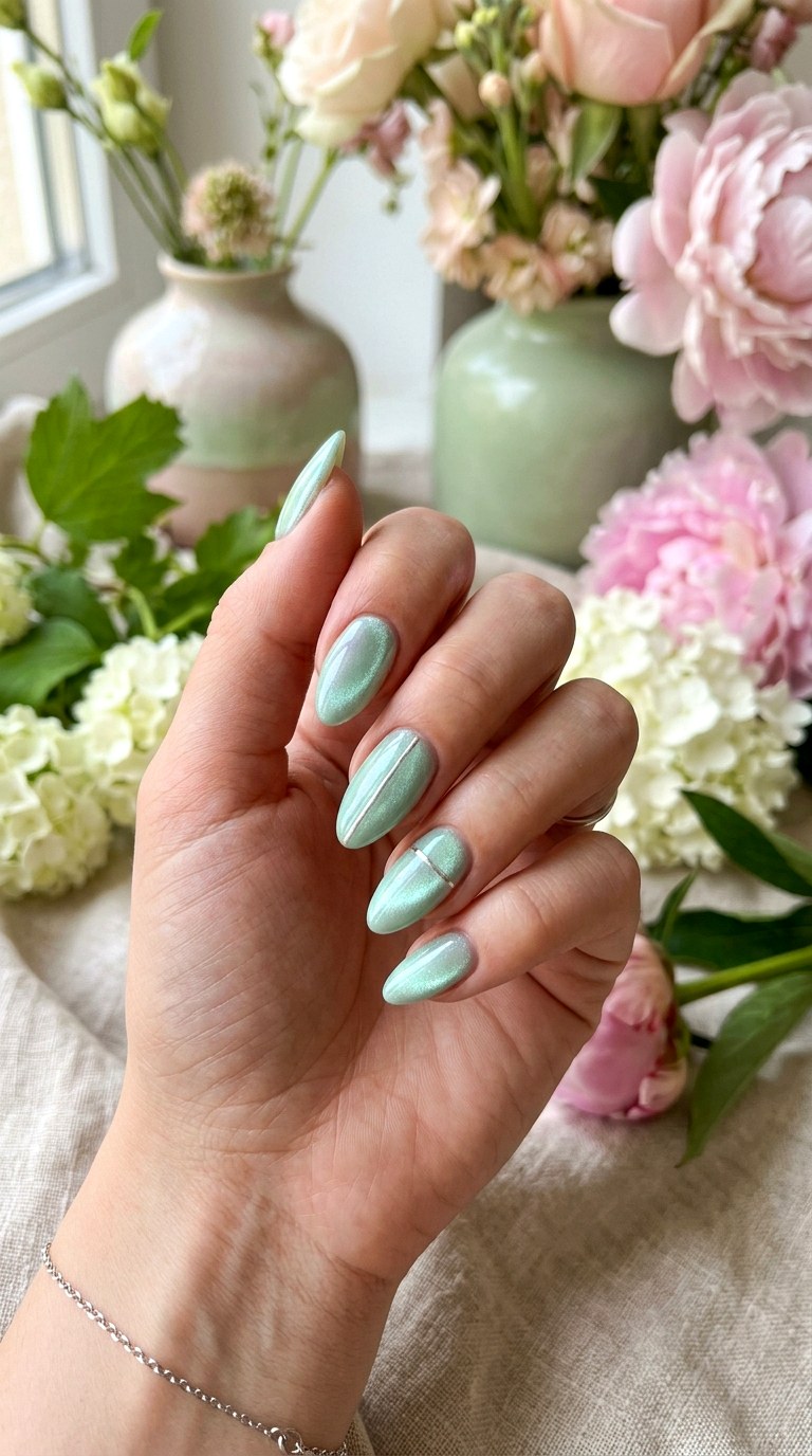 Mint Green Cat Eye with Silver Foil Lines - 20 Spring Mint Green Cat Eye Nails with SparkleIdeas