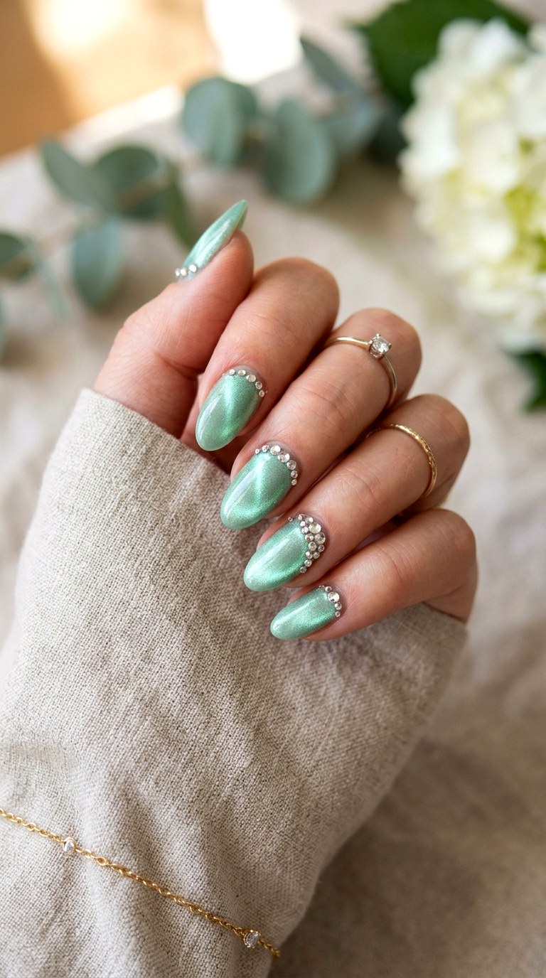 Mint Green Cat Eye with Tiny Rhinestones - 20 Spring Mint Green Cat Eye Nails with SparkleIdeas