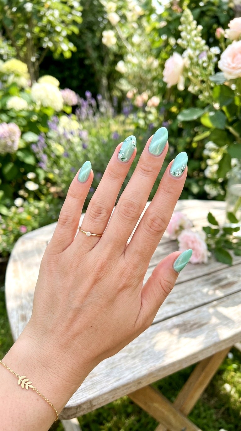 Mint Green Cat Eye with White Florals - 25 Summer Floral Cat Eye Nails Ideas
