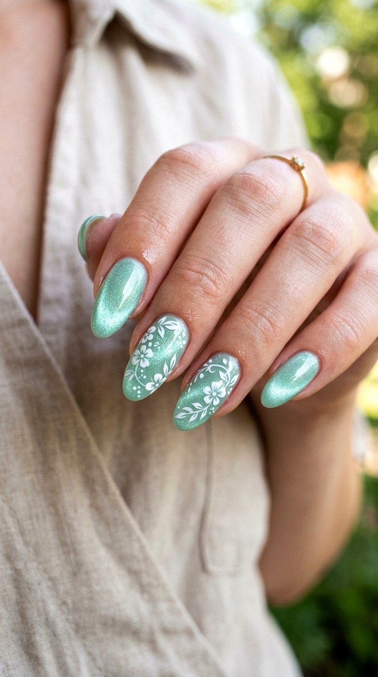 Mint Green Cat Eye with White Florals - 22 Summer Glossy Floral Cat Eye Nails Ideas