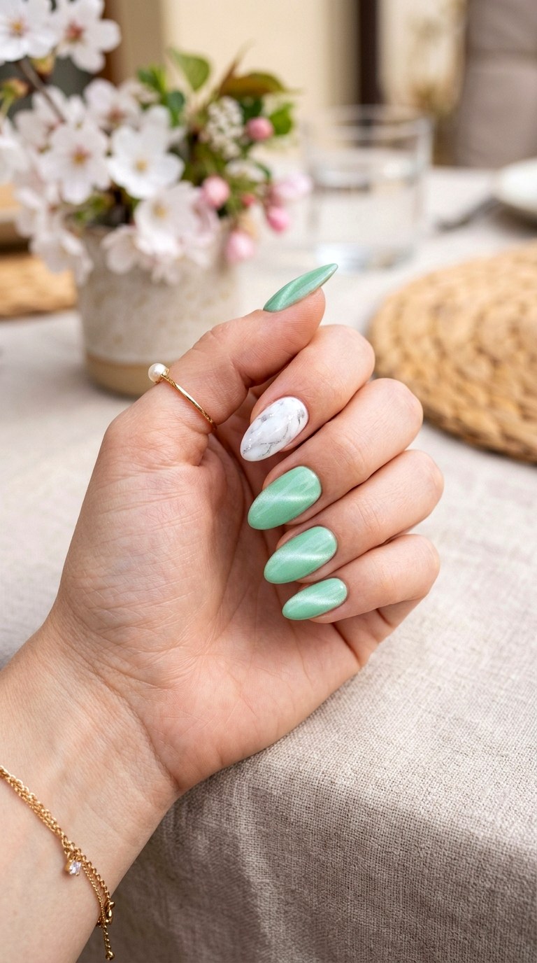 Mint Green Cat Eye with White Marble Effect - 20 Spring Mint Green Cat Eye Nails with SparkleIdeas