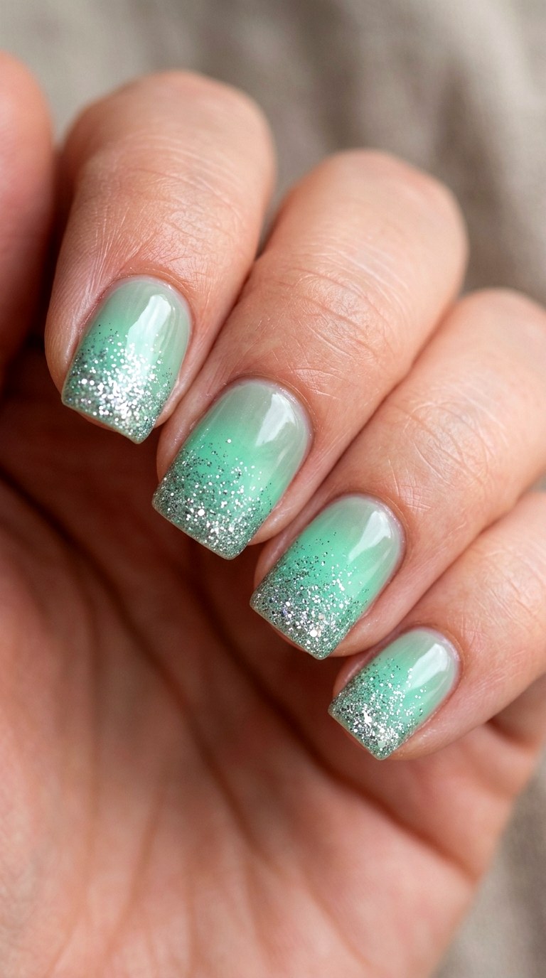 Mint Green Crystal Edges - 24 Radiant Spring Ombre Nails