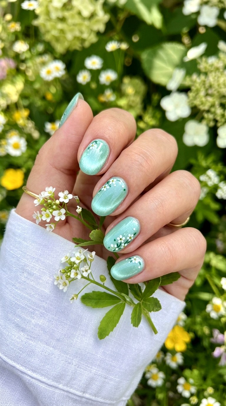 Mint Green Floral Cat Eye Nails - 20 Spring Floral Cat Eye Nails Ideas