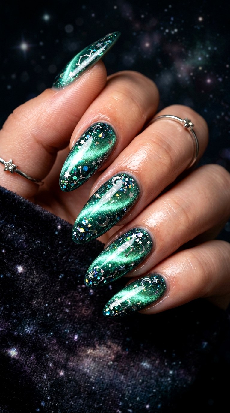 Mint Green Galaxy Cat Eye Nails - 23 Summer Mint Green Cat Eye Nails with Sparkle Ideas