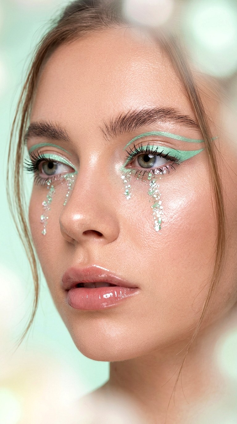 Mint Green Graphic Liner with Glitter Tears - 28 Mint Green Graphic Liner Look
