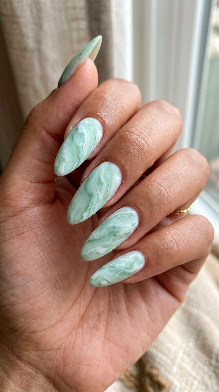 Mint Green Marble Illusion - 26 Matte Spring Acrylic Nails