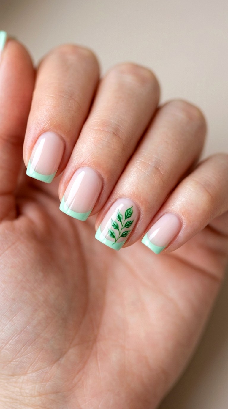 Mint Green Minimalist French with Leaf Art - 29 Festive Spring Multicolor Acrylic Nails