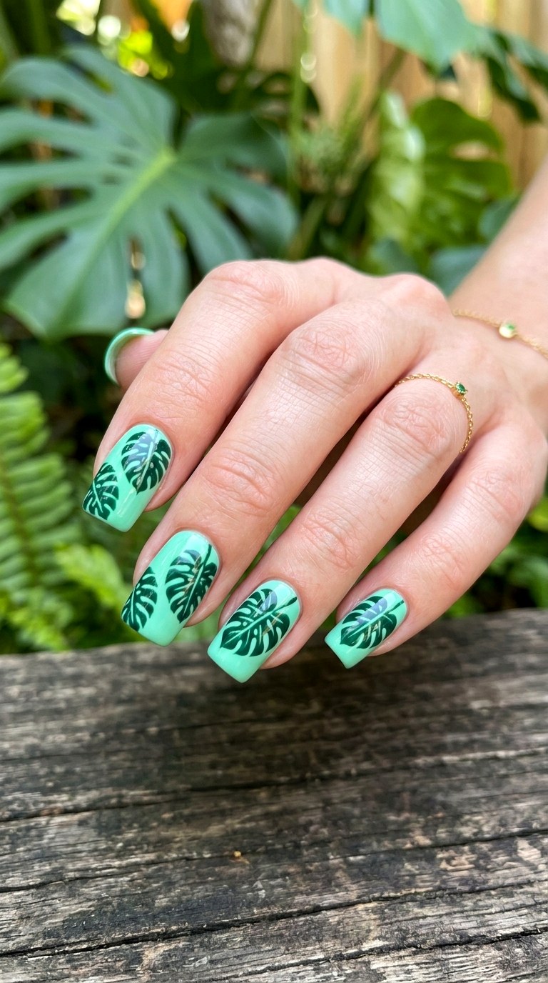Mint Green Tropical Monstera - 26 Floral Spring Acrylic Nails