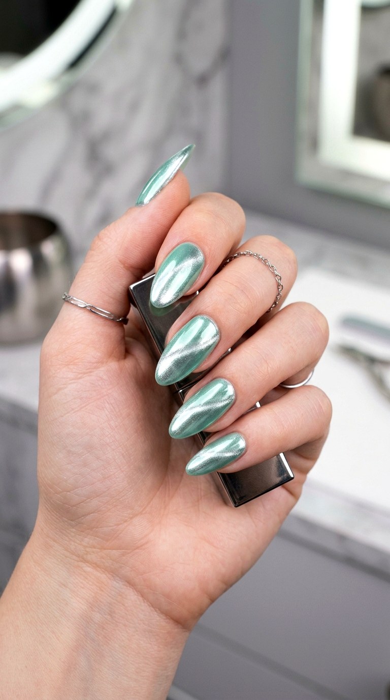 Mint Green and Chrome Silver - 26 Summer Dual-Tone Magnetic Cat Eye Nails Ideas
