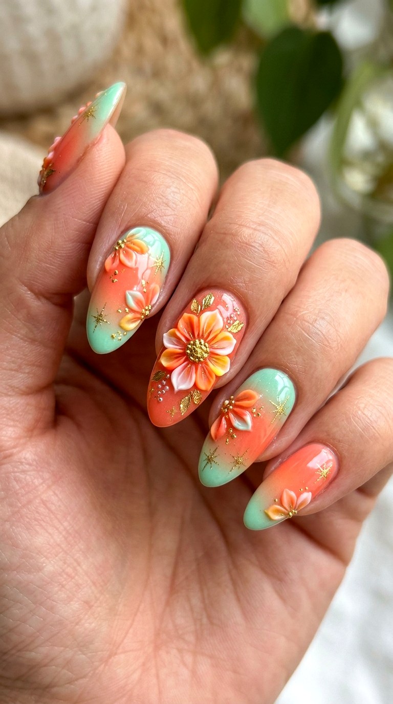 Mint Green and Coral Citrus Bloom - 21 Unique Spring Multicolor Acrylic Nails