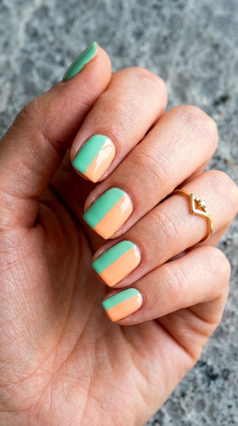 Mint Green and Peach Color Block - 30 Cheerful Spring Multicolor Nails