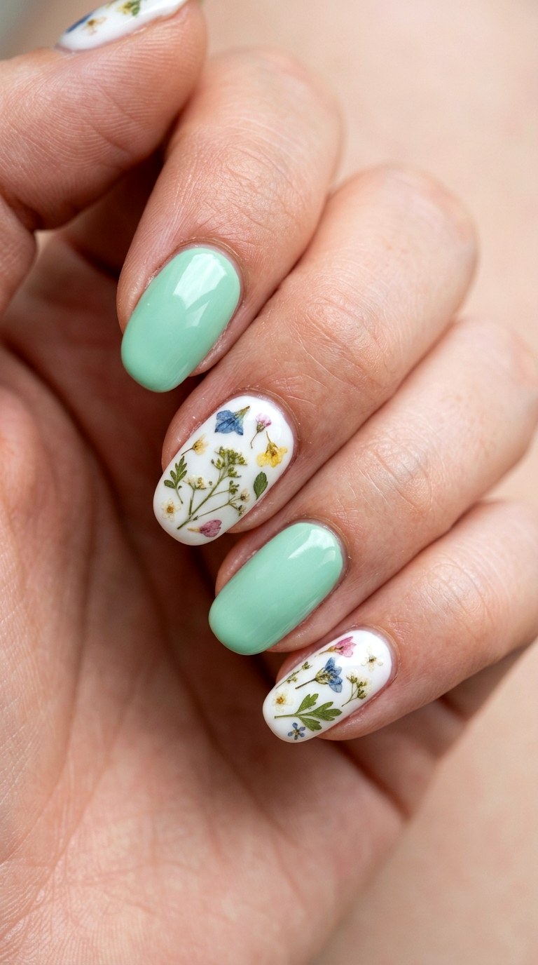 Mint Green and Pressed Floral White - 24 Classy Spring Two Colored Nails