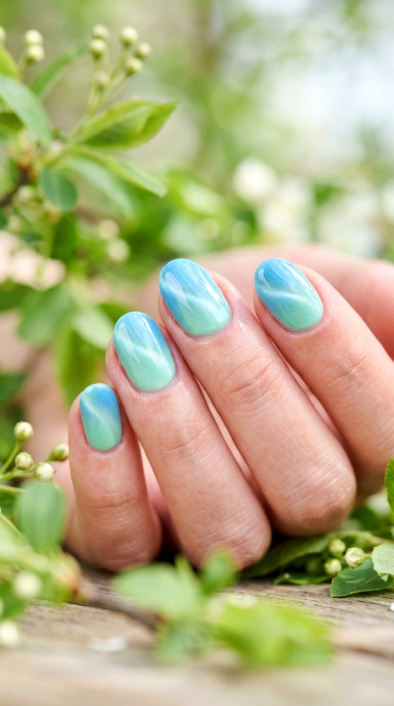 Mint Green and Sky Blue Blend - 20 Spring Dual-Tone Magnetic Cat Eye Nails Ideas