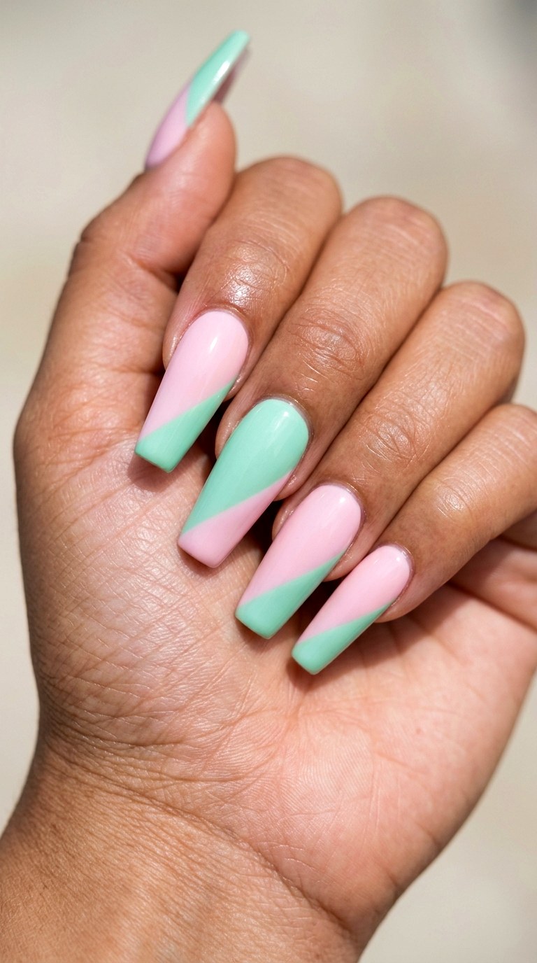 Mint Green and Soft Pink Color Block Coffin Nails - 22 Bright Spring Multicolor Acrylic Nails