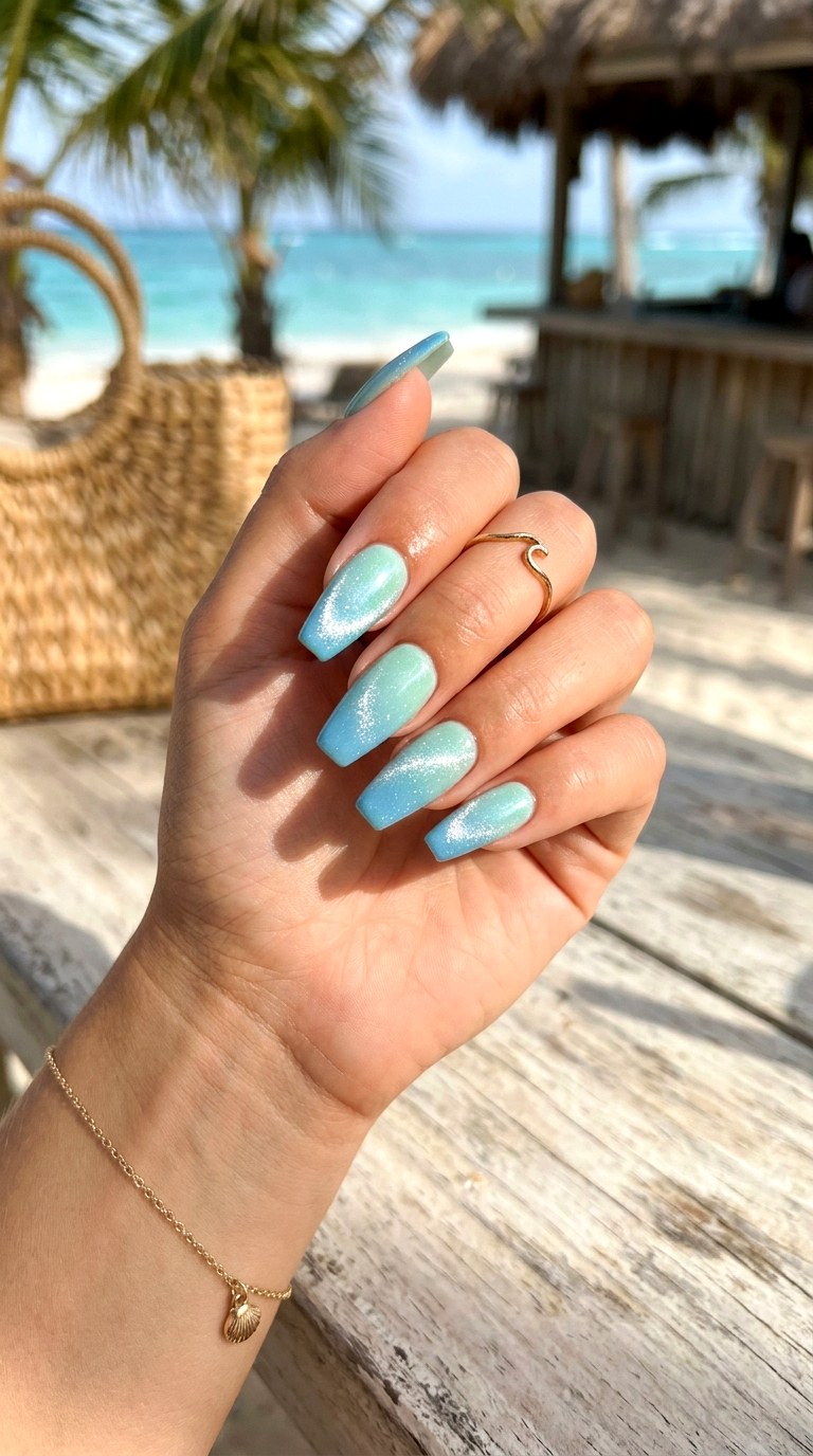 Mint Green to Sky Blue Pastel Cat Eye Nails - 24 Summer Ombre Pastel Cat Eye Nails Ideas