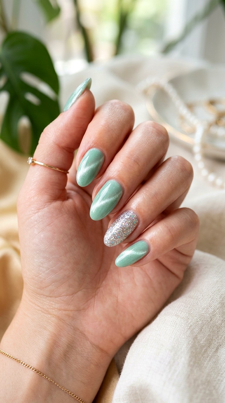 Mint Green with Silver Sparkle Accent - 23 Summer Mint Green Cat Eye Nails with Sparkle Ideas