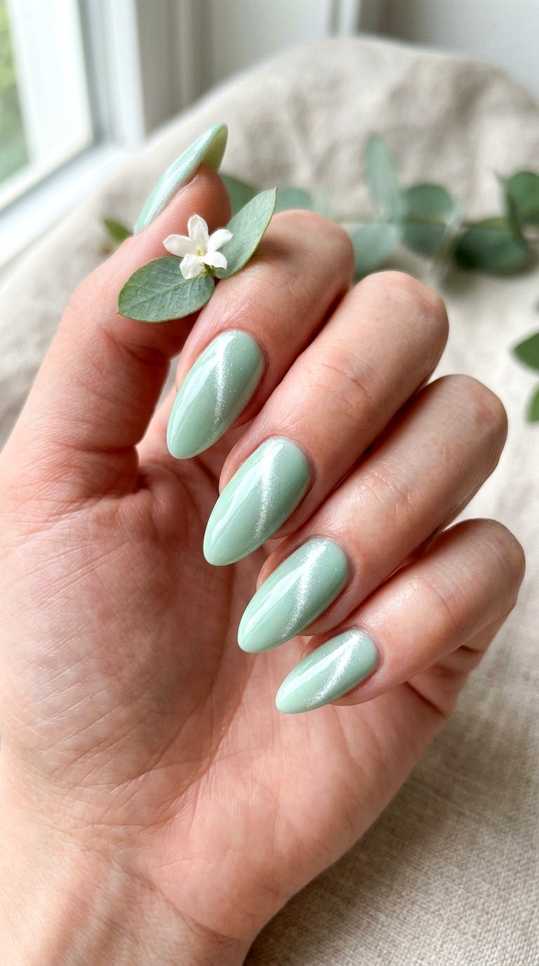 Mint Mist Cat Eye Nails - 23 Summer Soft Green Shimmer Cat Eye Nails Ideas