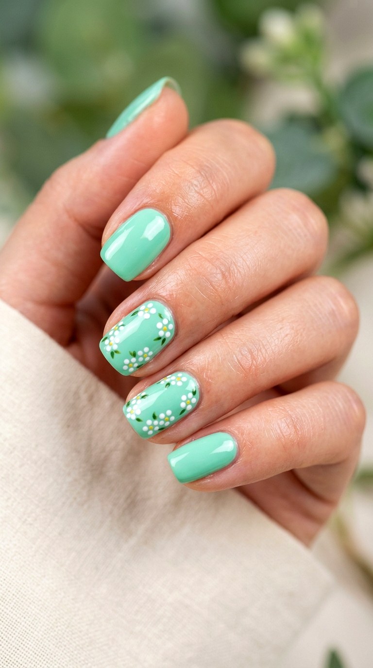 Mint Mist and White Floral Dots - 25 Simple Spring Two Colored Nails