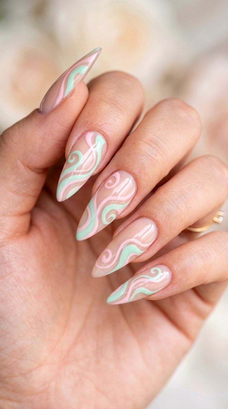 Mint and Blush Swirl Art - 28 Sharp Spring Stiletto Nails