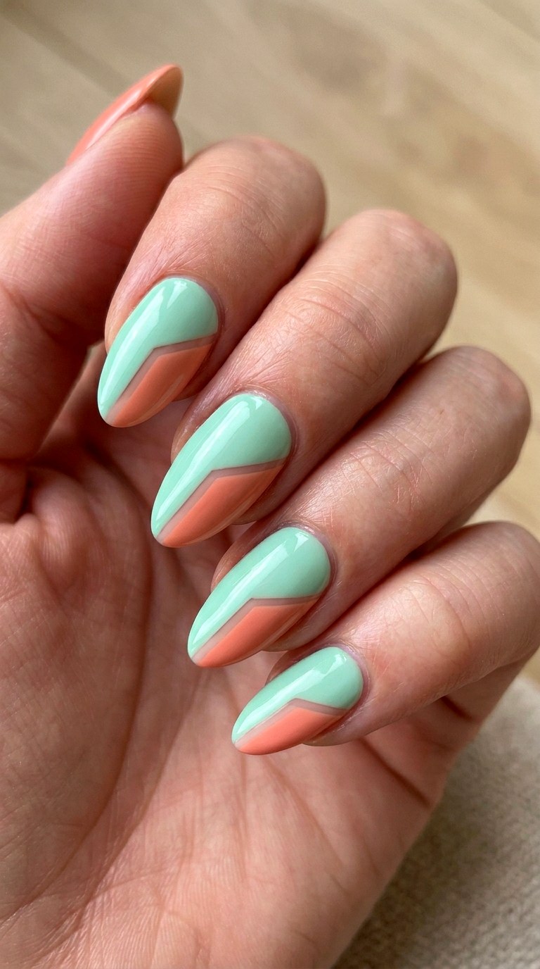 Mint and Coral Color Block - 27 Picnic Spring Multicolor Nails
