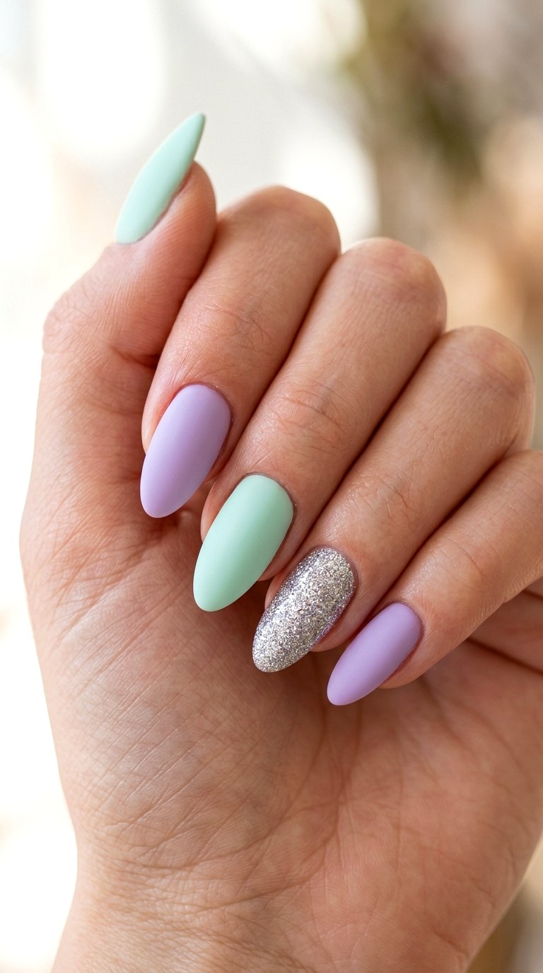Mint and Lavender Glitter Accents - 30 Cheerful Spring Multicolor Nails