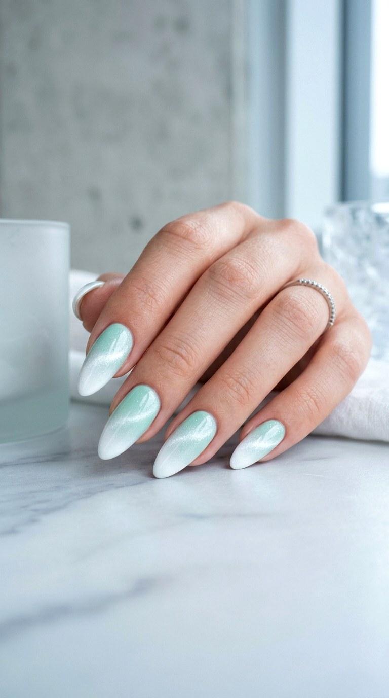 Mint to White Icy Cat Eye Ombre Nails - 24 Summer Ombre Pastel Cat Eye Nails Ideas