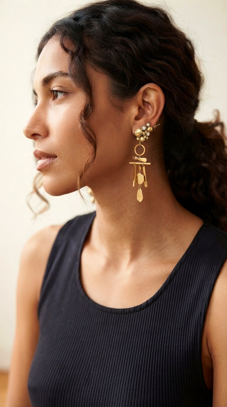 Mismatched Asymmetric Pairs - 22 gold dangle earrings