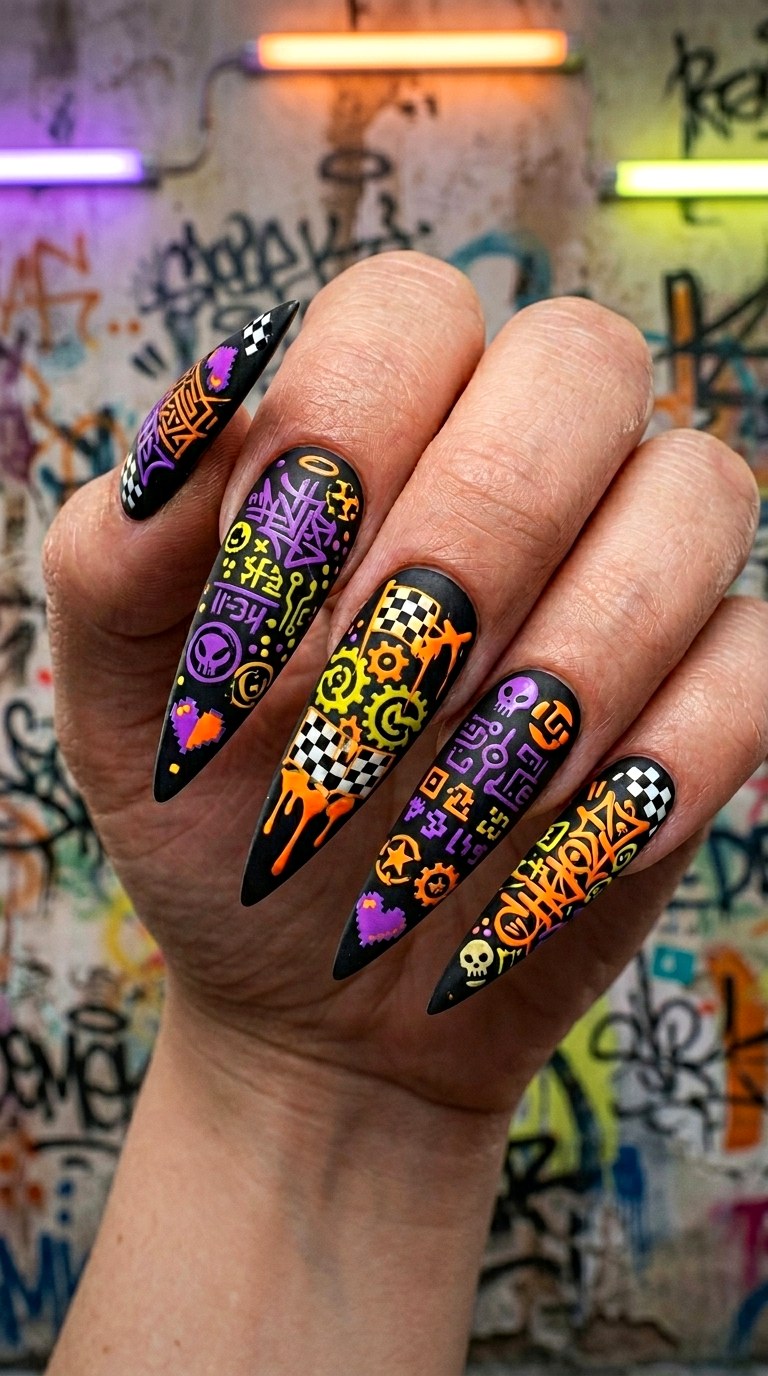 Mismatched Digital Graffiti Tags - 23 Whimsical Spring Colorful Junk Nails