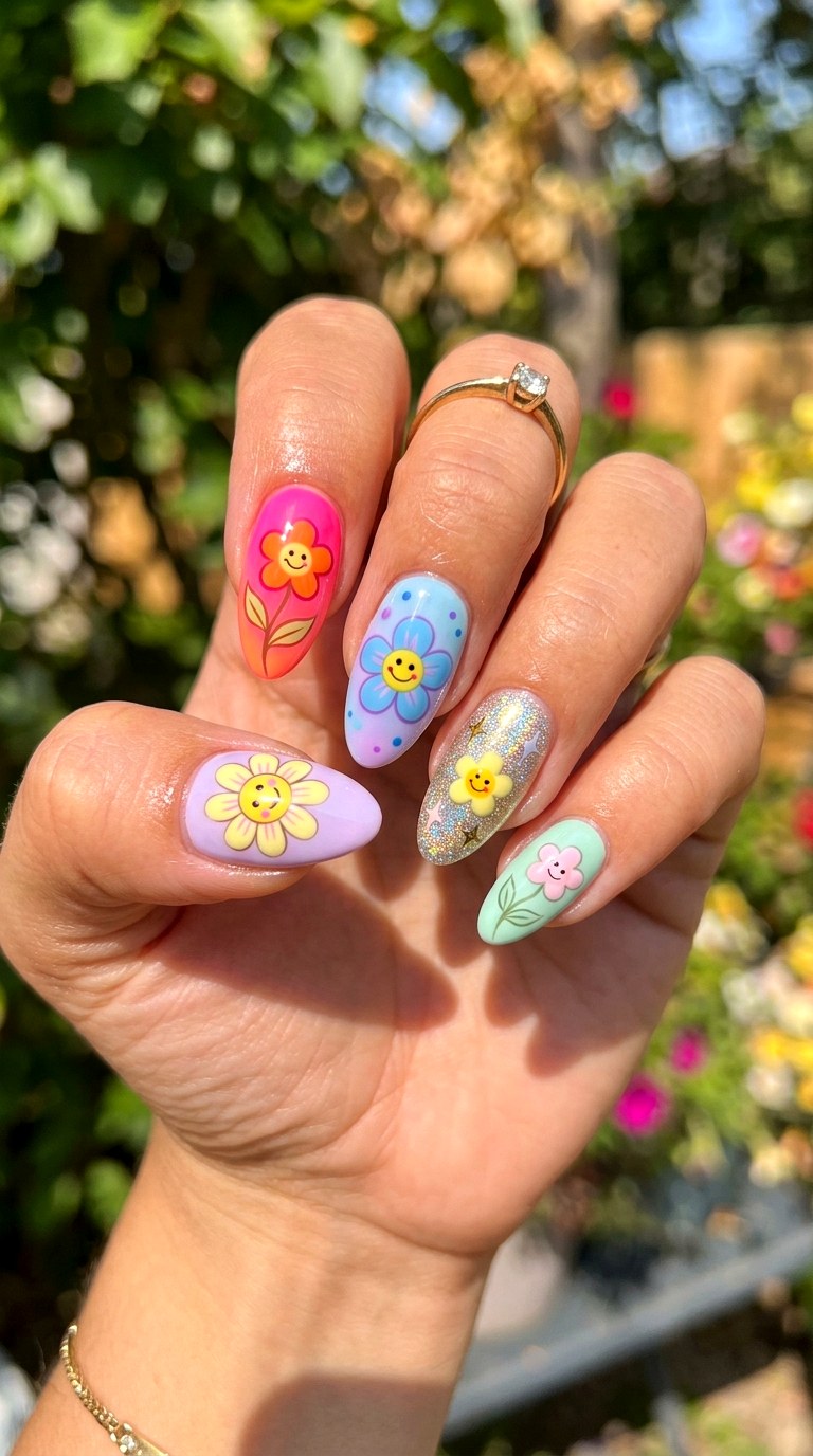 Mix and Match Happy Flower Nails - 20 Summer Happy Flower Cartoon Nails Ideas