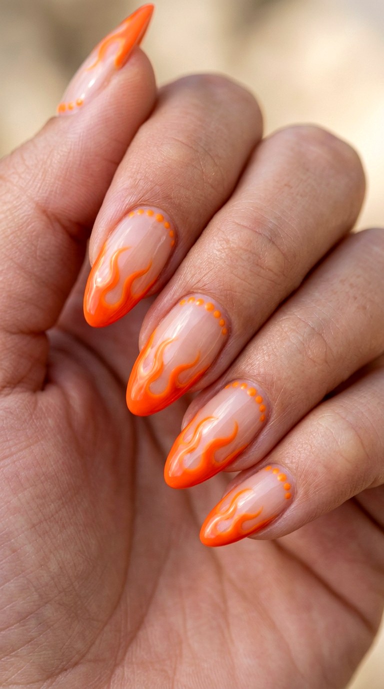 Mixed Nude Orange Dotted Edges and Flames - 22 Bright Spring Multicolor Acrylic Nails