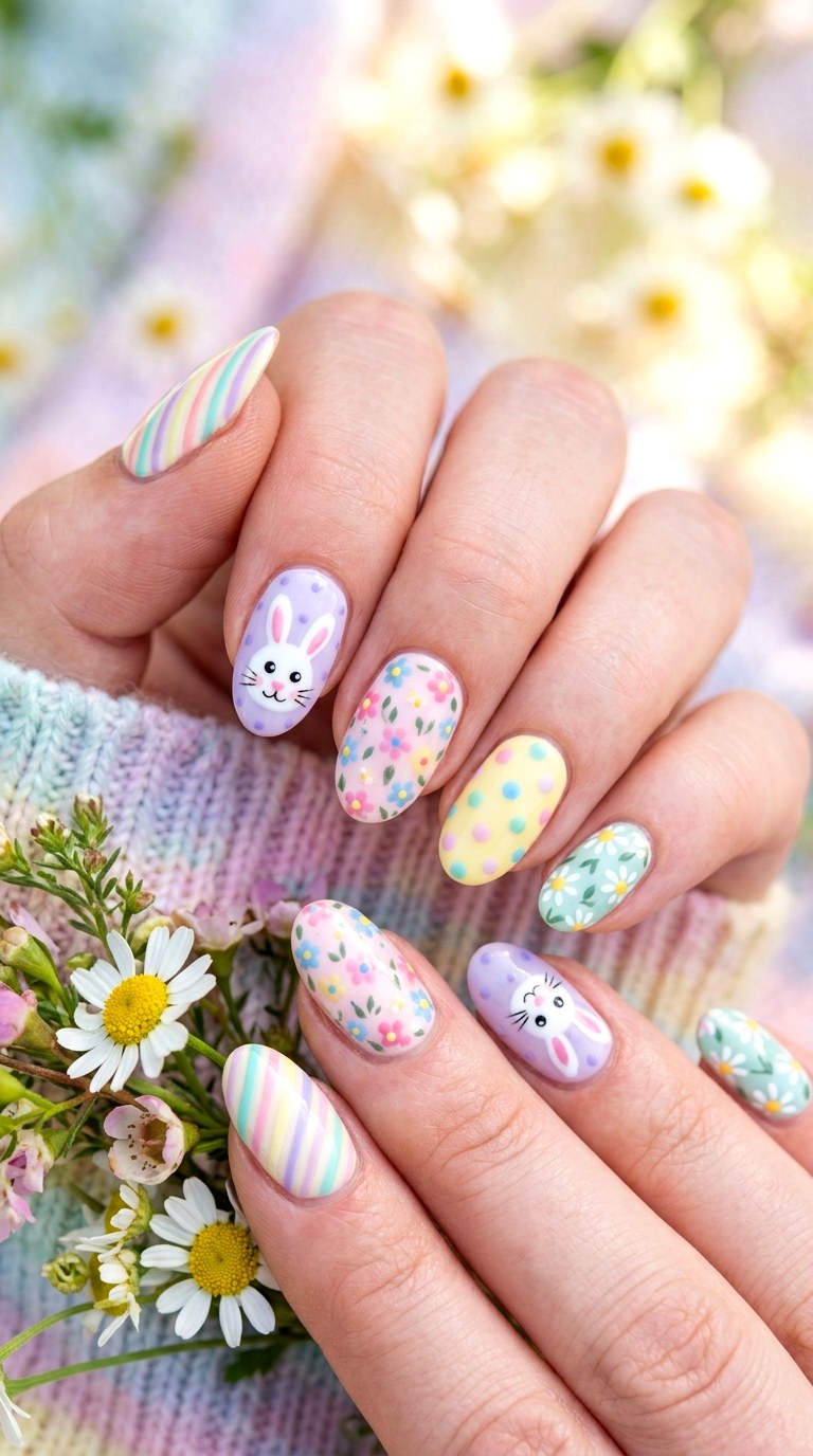 Mixed Pattern Bunny Nails - 26 Summer Pastel Bunny Cartoon Nail Ideas